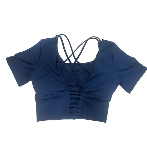 Black Double Cross Padded Cropped Athletic Top – Size Small - Picture 4 of 5